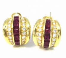 Yellow Gold Channel Set Ruby & Diamond Earrings