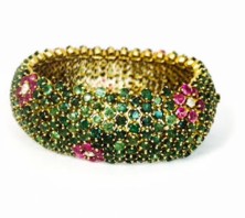 Yellow Gold Emerald, Ruby, and Diamond Wide Line Bracelet